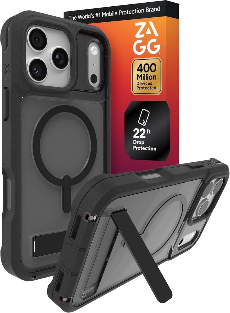 ZAGG Rainier Case with Kickstand for iPhone 17 Pro Max - Smoke Black, Graphene 22ft (7m) Drop Protection, Lanyard Attach Points, MagSafe, Wireless Charging Compatible, 2-Piece Design, Phone Case