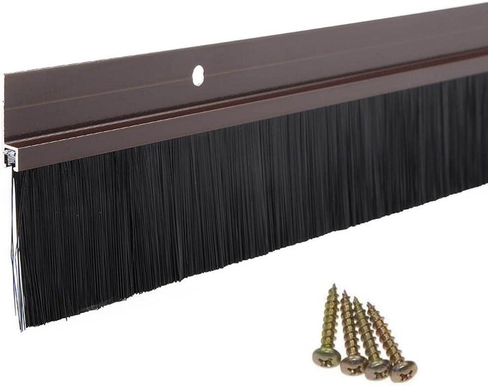 Door Brush Bottom Sweep (2.5" Width X 36.5" Length) with Brown H-Shape Aluminum Alloy Holder & 1.5-inch Black PP Silicone Soft Brush for Home Door Seal