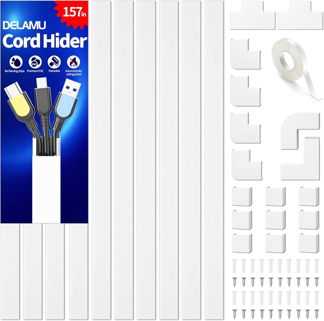 Delamu Cord Hider, 157in Wire Covers for Cords on Wall, Premium Cable Hider Cord Covers for Wires, Cable Management Wire Hiders for TV, Cable Raceway Kit, W0.95 H0.55in, White Delamu Cord Hider, 157in Wire Covers for Cords on Wall, Premium Cable Hider Cord Covers for Wires, Cable Management Wire Hiders for TV, Cable Raceway Kit, W0.95 H0.55in, White