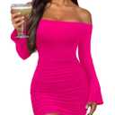 Women's Off Shoulder Bodycon Mini Dress Elegant Long Sleeve Ruched & Ribbed Tight Fit Clubwear for Cocktail Party,Date Night Rose Red,Medium