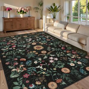 LIVEBOX Sunflower Botanical Washable 8x10 Area Rugs, Black Rug for Living Room, Non Slip Rugs for Bedroom, Boho Floral Indoor Throw Dining Room Carpet for Under Table Home Office Nursery Playroom
