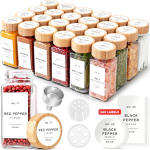 Square Spice Jars with Bamboo Wooden Lid (Pack of 24) Spice Jars with Shaker Insert and 240 Labels - Bamboo Lid Glass Container for Spice Organisation [4.3 in  1.8 in]