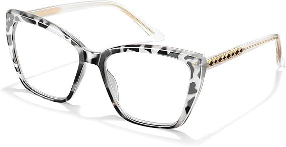 Reading Glasses for Women Trendy TR90 Blue Light Blocking Metal Frame Readers Stylish Square Cat Eye Eyewear (Black+tortoise Grey)