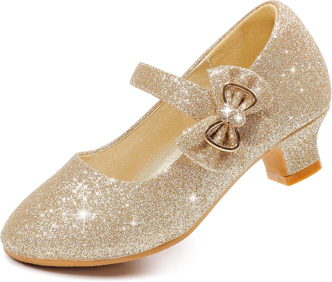 Dufannie Girls Dress Shoes Low Heel Princess Flats Mary Jane Flower Wedding Party Glitter Shoes for Kids Toddler (12 Little Kid, Generous Shimmer Gold)