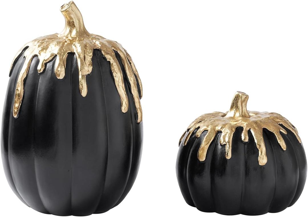 WDS WONDROUS Black and Gold Pumpkins Decoration Halloween and Fall Modern Decor, 2 PCS Artificial Resin Pumpkins Table Centerpiece for Autumn Thanksgiving Halloween Party Indoor Home Decor