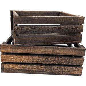 Rustic Vintage Finished 2 Packs Wooden Crate with Handles - Nesting Storage Display Organization Crate for Party Office Bedroom Kitchen and Closet