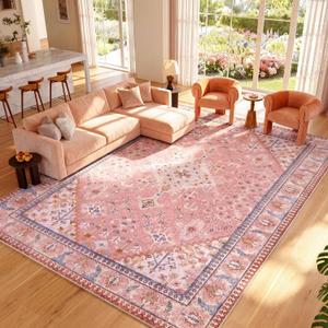 9x12 Boho Machine Washable Low Pile Area Rugs for Living Room Peach Pink