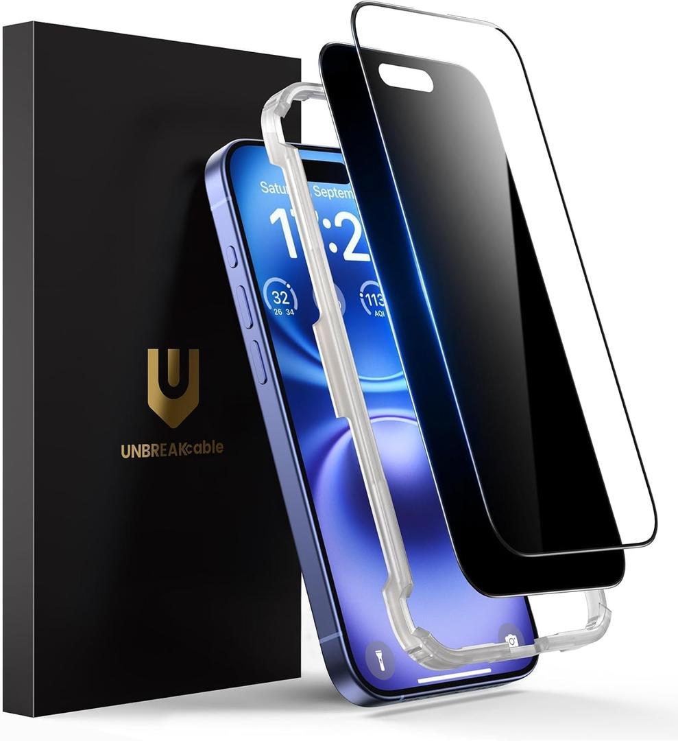 UNBREAKcable 2PCS Screen Protector for iPhone 16-1 Privacy Tempered Glass+1 Clear Glass Double Shatterproof [Easy Installation Frame] [9H Hardness] [Case Friendly] Anti-Scratch for iPhone 6.1 inch