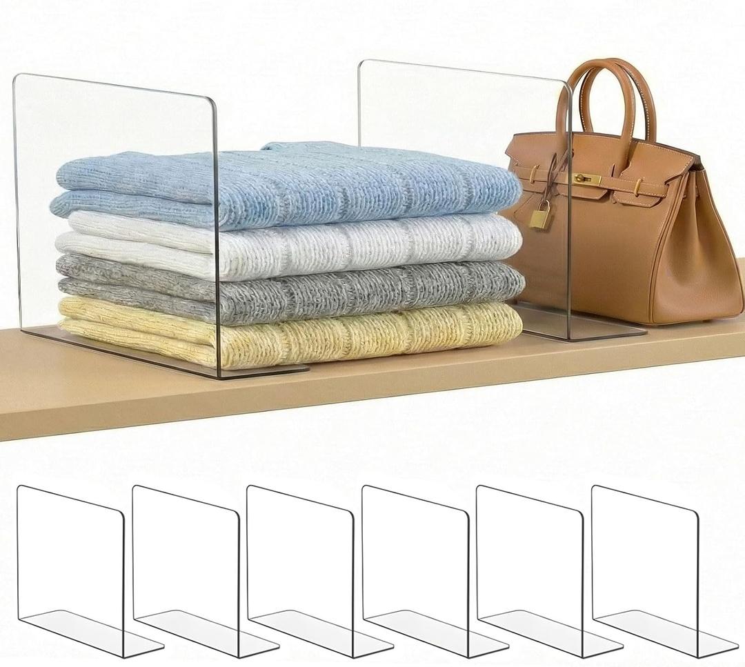 SortNStore Shelf Dividers for Closet Organization: 10" Tall x 16" Deep, Deeper Adhesive Separators Features Acrylic Material and Provides Storage for Clothes and Sweater in Bedroom Cabinets(6-Pack)