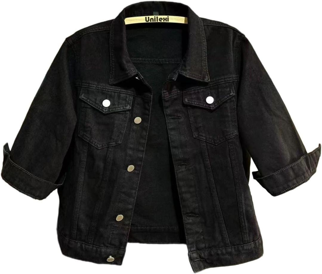 LUnilexi Women's 3/4 Sleeve Colored Cropped Denim Jacket Light Wash Short Jean Jacket Trucker Coat, Size 