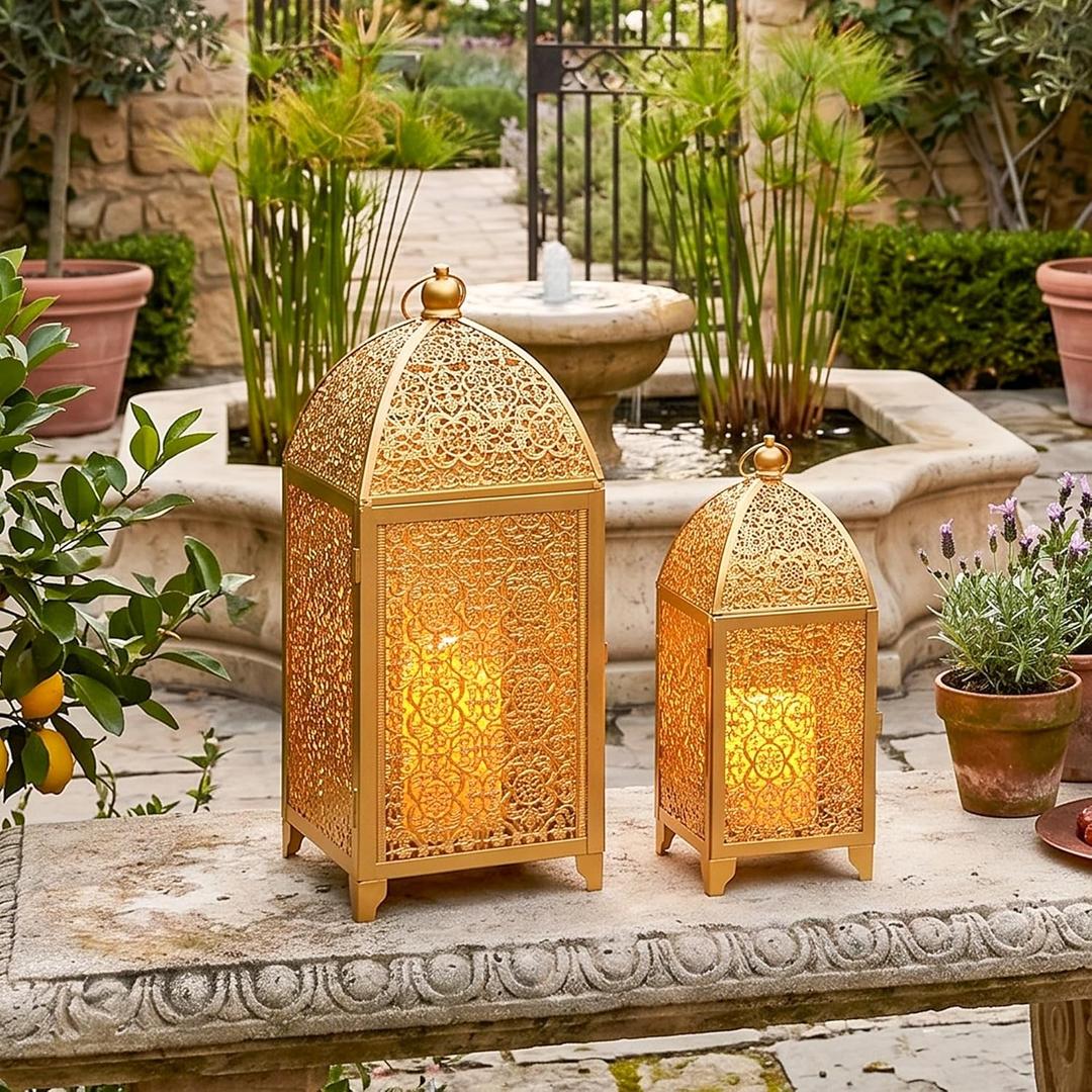 TRIROCKS Set of 2 Decorative Candle Lanterns 12/16.5'' H Candle Holder Gold