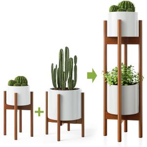 MUDEELA 2 Pack Indoor Plant Stands, 2 Tier Tall Plant Stand 30 inches, Mid Century Bamboo Plant Stand, Adjustable Width 8 - 12 inches, Fits Pot Size of 8 9 10 11 12 inches, Pot & Plant Not Included, Brown