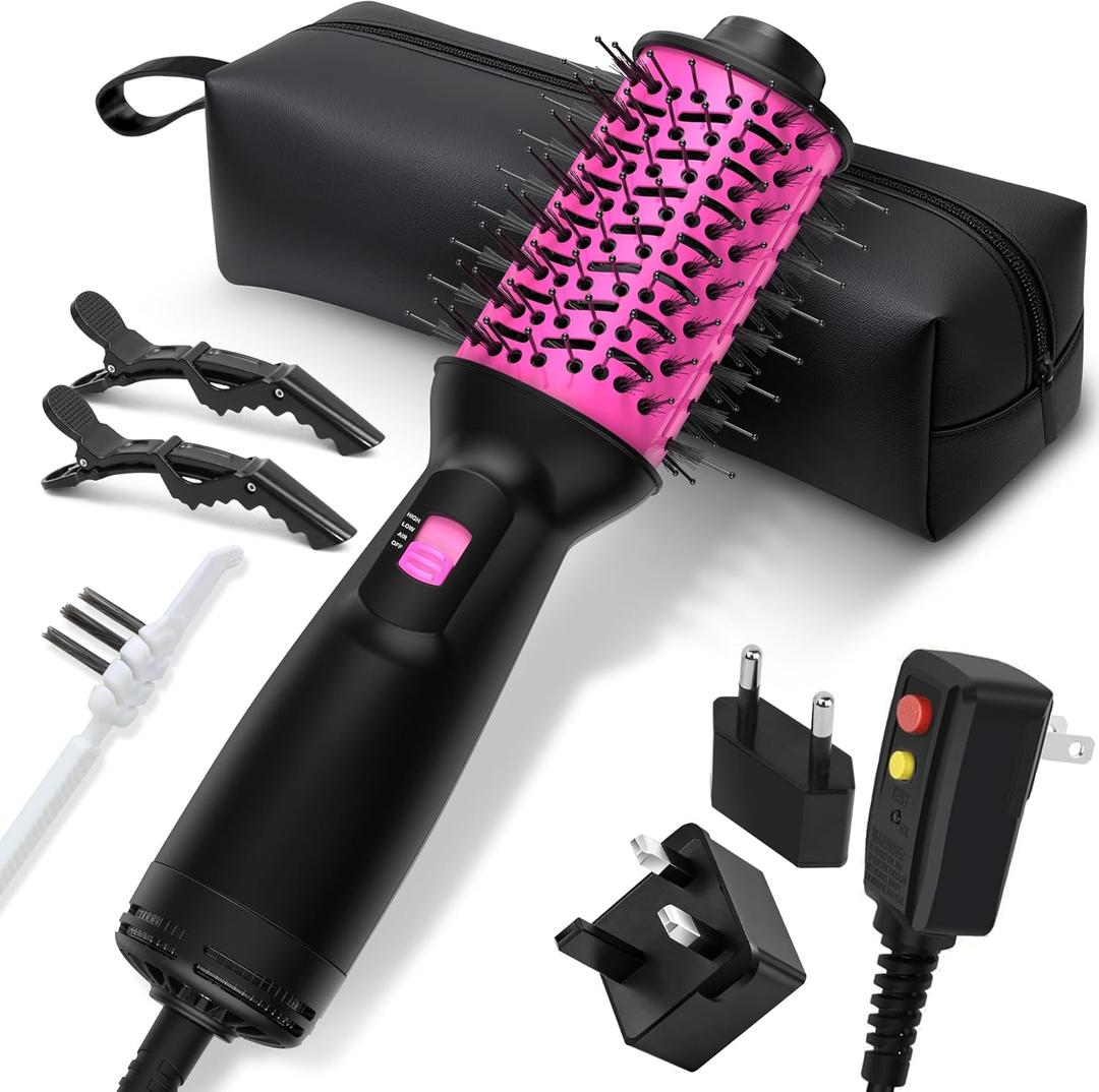 Dual Voltage Travel Hair Dryer Brush (100V-240V), Automatic Hot Air Brush with EU&UK Plug, 2 Inch Oval Barrel One Step Blow Dryer Brush and Negative Ion Anti-frizz Styling Brush (9.8'')