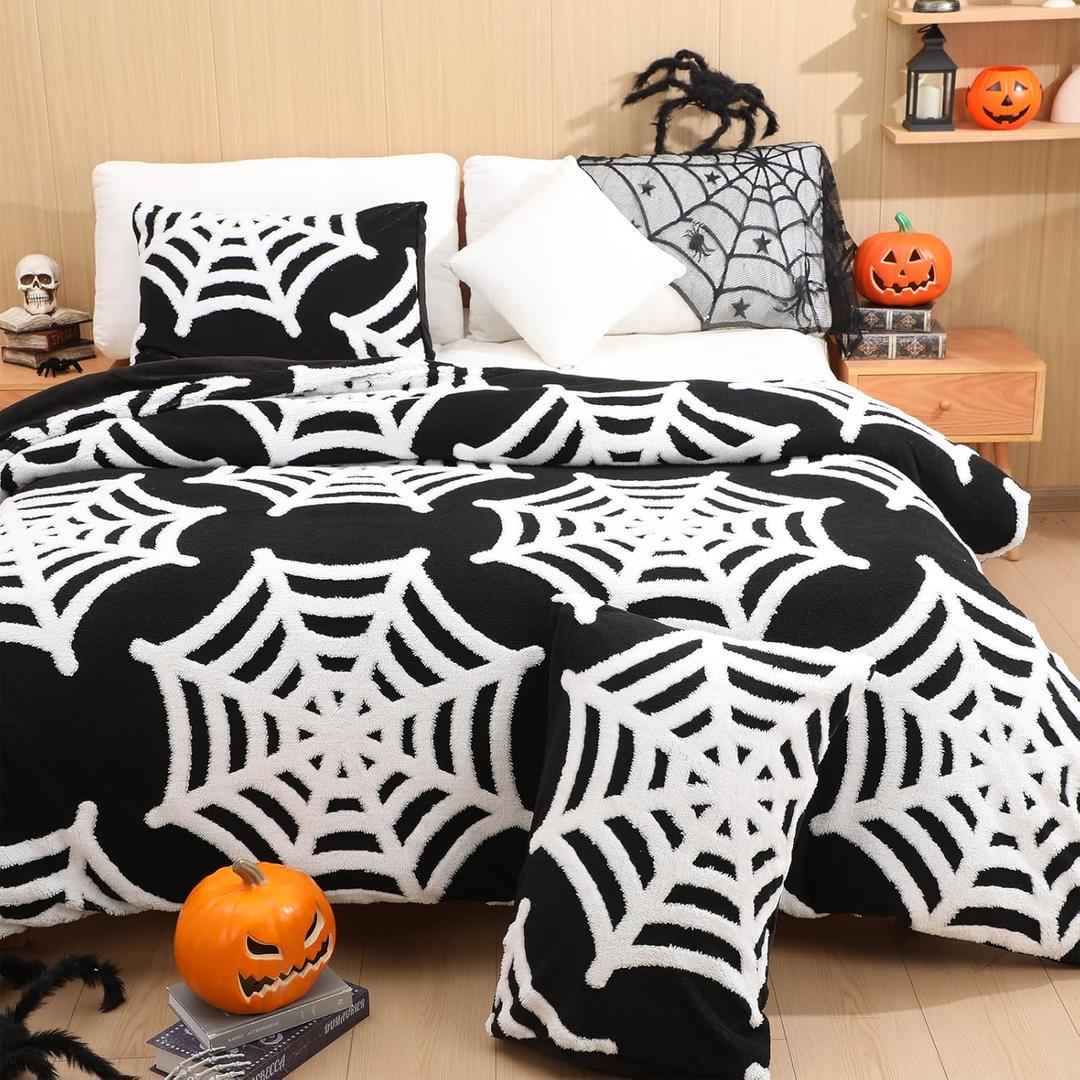Halloween Comforter Cover Set Queen Size 3D Jacquard Design Halloween Bedding Set Velvet Microfiber Duvet Cover with 2 Pillowcases Lightweight Warm for All Seasons(Black,White,Spider Web)
