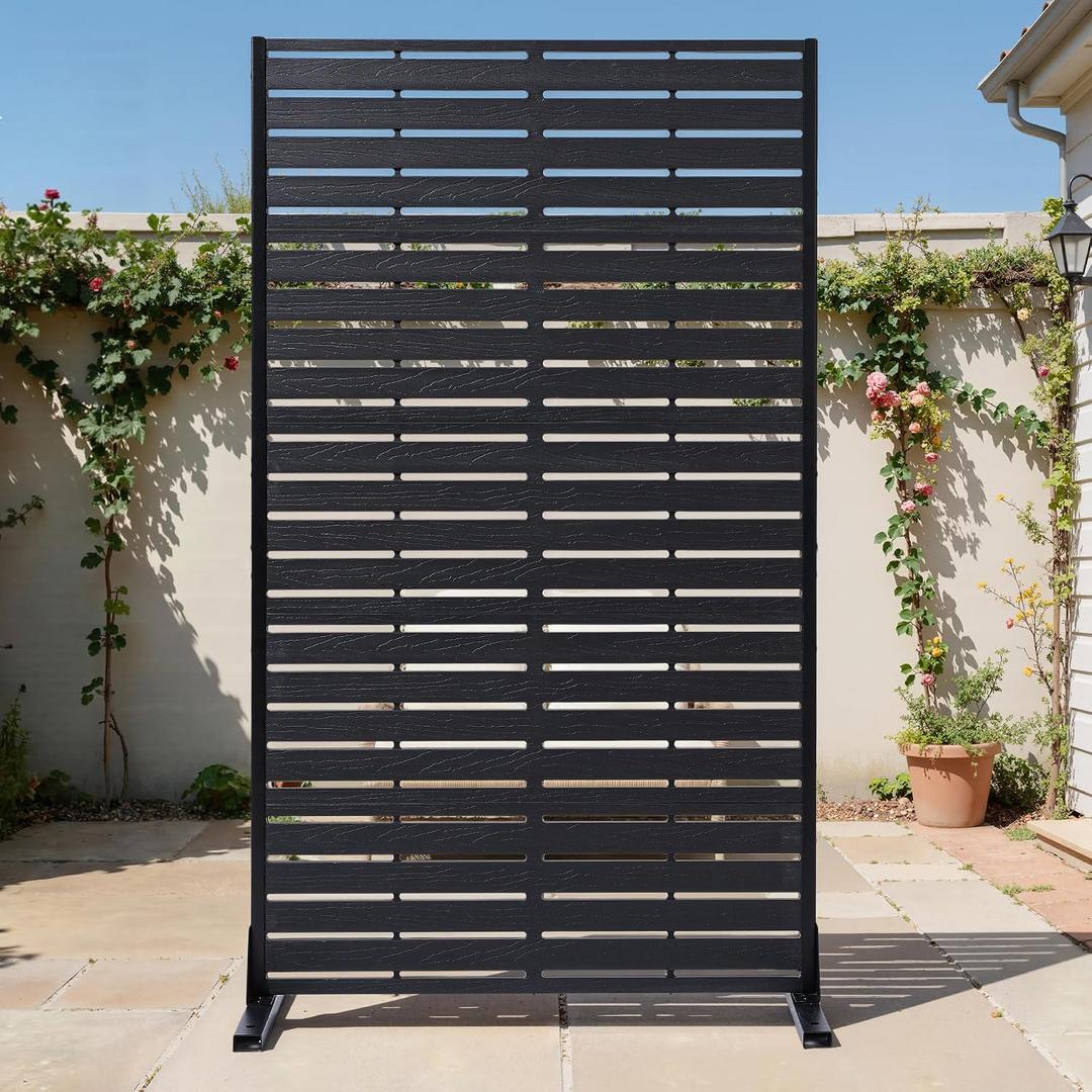 Outdoor Privacy Screen 60" H HDPE Decorative Panel Freestanding Privacy Fence with Stand, Privacy Screens with Louvered 5 Panels, Weather-Resistant Panel Fence for Patio, Balcony, Pool, Black