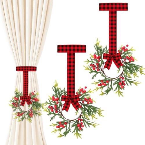 2 Pcs 4" Mini Christmas Wreath Curtain Tieback with Red Berries and Black Red Checkered Ribbon Christmas Curtain Holder for Xmas Holiday Indoor Window Wall Home Decorations