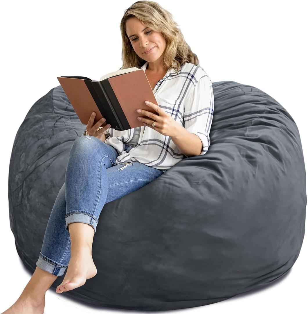 Bean Bag Chair 4Ft, Memory Foam Filled, Removable Velvet Cover, Giant Bean Bag Chairs for Adults and Teens, Round Sofa Chair for Living Room, Bedroom and Gaming Room, Grey