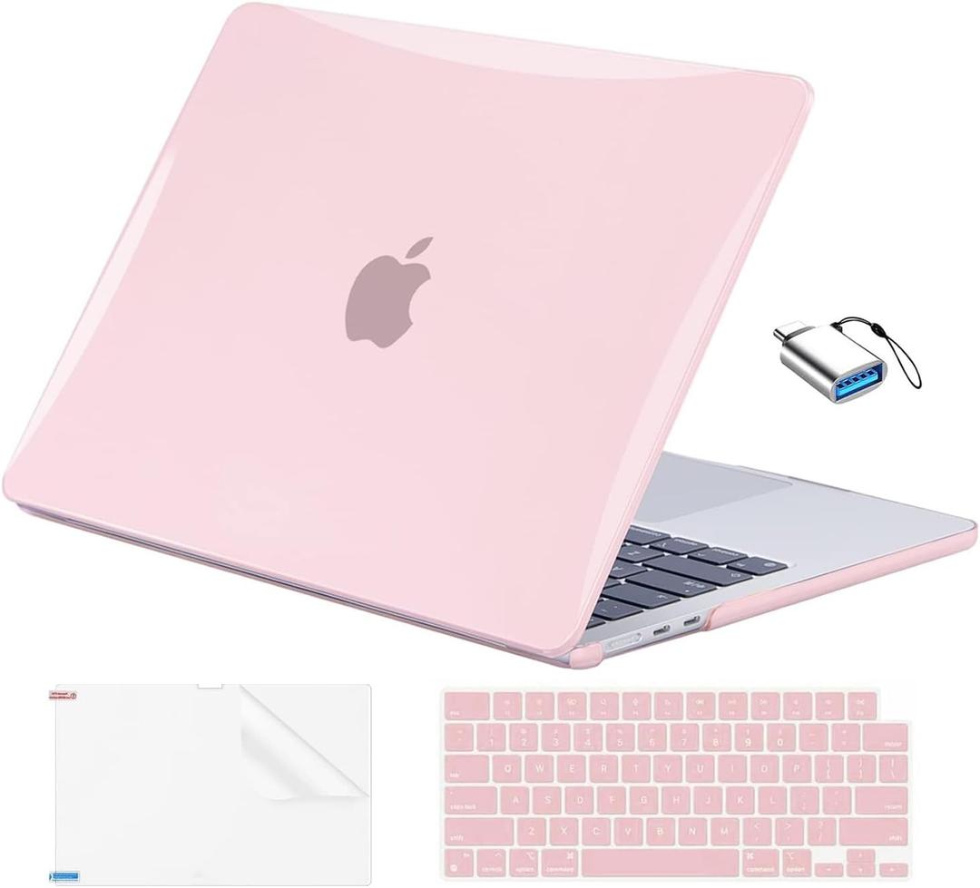 EooCoo Compatible with MacBook Air 13 inch Case M5 2026-2022 M4 M3 M2 Model A3449 A3240 A3113 A2681, Mac Air 13.6 inch Hard Shell & Keyboard Cover & Screen Film & Type-C, Crystal Pink