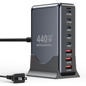 USB C Charger Block 440W Charging Station Hub,8 Port GaN III Fast Charging Brick with 5ft Extension Cord,PD PPS 100W Laptop Power Adapter for MacBook Pro/Air,iPhone 17/16,Samsung Galaxy,Dell