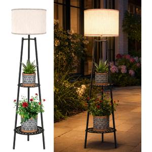 VISFLAIR Outdoor Solar Floor Lamp with 2-Tier Plant Stand, Cordless 46'' Tall Standing Patio Light with White Shade & Edison Bulb, Waterproof Metal Display Shelf for Porch, Deck, Balcony Garden Decor