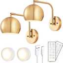 Rechargeable Battery Operated Wall Sconce Set of Two, Remote Control Wall Sconces Battery Operated, Wireless Rechargeable Wall Sconce, Brushed Gold Battery Wall Sconce for Bedroom (Gold-Recharge)