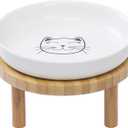 Lusifaco Shallow Elevated Cat Bowls,5.9 Inch Wide Raised Ceramic Cat Dishes with Bamboo Stand, Whisker Friendly Pet Water or Food Plates Feeding Station for Indoor Cats, Kitten(White,Set of 1)