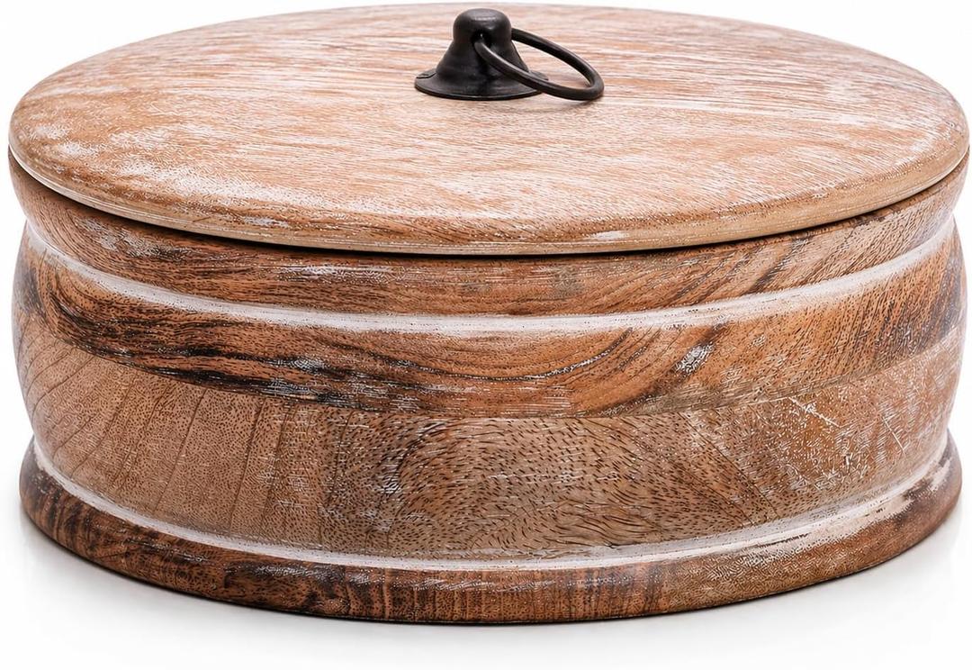Handcrafted Wooden Mexican Tortilla Warmer Basket Indian Chapati Roti Bread Holder Box Pancake Keeper Serveware Hot Pot Casserole Dish With Lid Home Kitchen Dining Decor, Natural Brown, 9 x 3.5 Inches