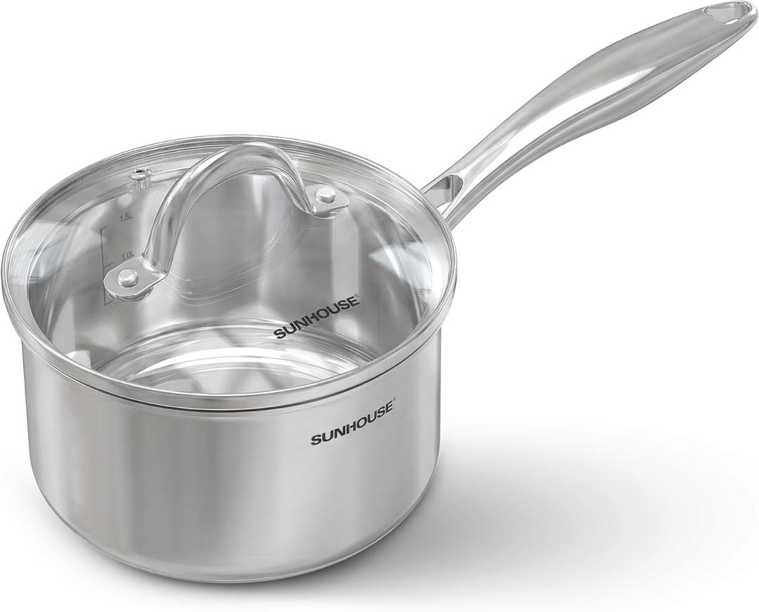 SUNHOUSE 2 Quart Whole-Clad Tri-Ply Stainless Steel Saucepan with Glass Lid, Premium 18/8 Stainless Steel, Even Heat Distribution, Induction Ready, Stay-Cool Handle, Dishwasher Safe