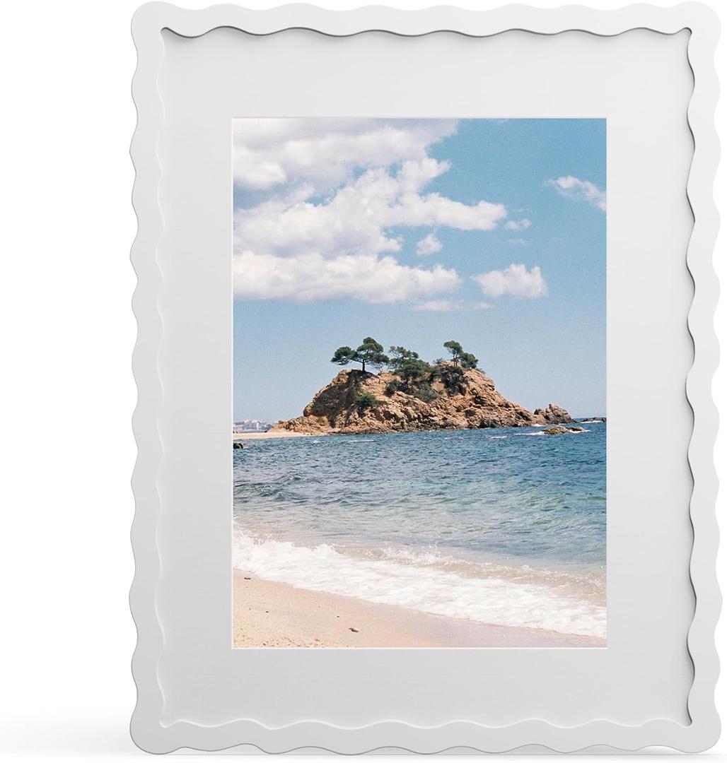 11x14 Picture Frame with Mat for 8x10, Wavy Edge Wooden Real Glass Photo Frame for Wall Hanging, White, 1 Pack