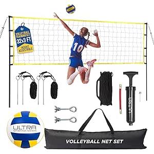Volleyball Net for Backyard, Includes 32x3 Ft Beach Volleyball Net with Poles, 8.5-Inch PU Volley Ball, Bag & Pump, Portable Net for Outdoor or Home Use, Complete Set