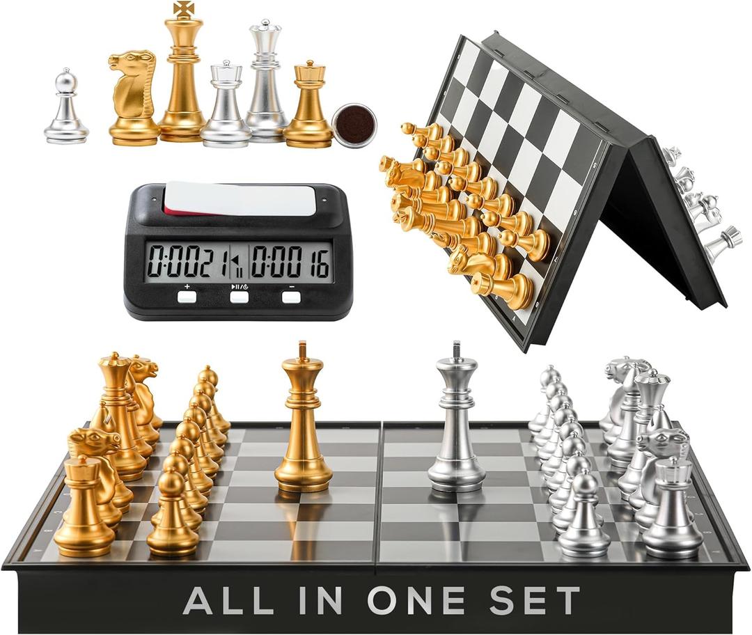 Magnetic Chess Game & Digital Clock Timer Set - Professional and Portable, 14" x 14" Travel Chess, Board Games