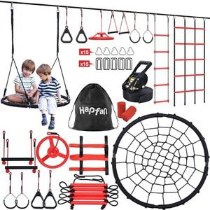 Hapfan 50 ft Ninja Warrior Obstacle Course for Kids with Tree Swing, Portable Slackline Swing Set with Weather-Proof Obstacles, Tree Jungle Gym Outdoor Playset for Backyard Outside