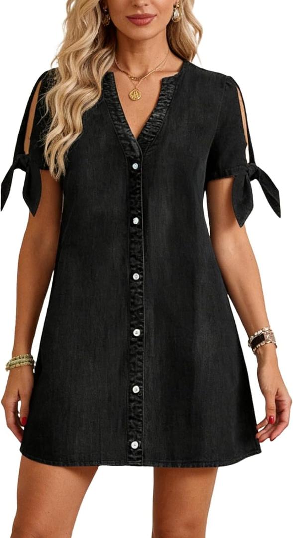 Denim Dress for Women 2026 Summer Casual Cowgirl Blue Jean Dress Tied Sleeves Button Down Shirt Dresses with Pockets (Black, XL)
