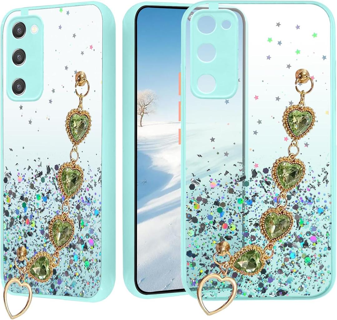 for (164.2mm) Samsung Galaxy A03s Case Clear Glitter Silicone, Shockproof Phone Case Samsung A03s Case with Chain Strap Bracelet for Women Aesthetic Slim Cover Pink Cute (Green)
