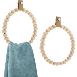 2 Pcs Handmade Boho Towel Ring Rustic Wooden Bead Hand Towel Rack Stand Holder Wall Mounted Boho Bathroom Accessories Rustic Bath Farmhouse Decor for Kitchen Bathroom Wall, 7. 5 Inch