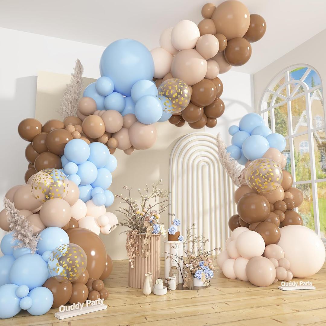Brown Coffee Blue Balloons Garland Arch Kit, 142Pcs Boho Nude Baby Blue Neutral Balloons We Can Bearly Wait Baby Shower Decorations for Boy Gender Reveal Birthday Wedding Party Supplies