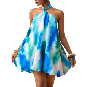 OYOANGLE Women's Tie Dye Halter Bubble Dress Backless Flowy Mini Sundresses | Beach Vacation Dress, Cute Summer Dresses, Boho, Chic, Casual, A Line, Sleeveless, Short Dress (Blue, M)