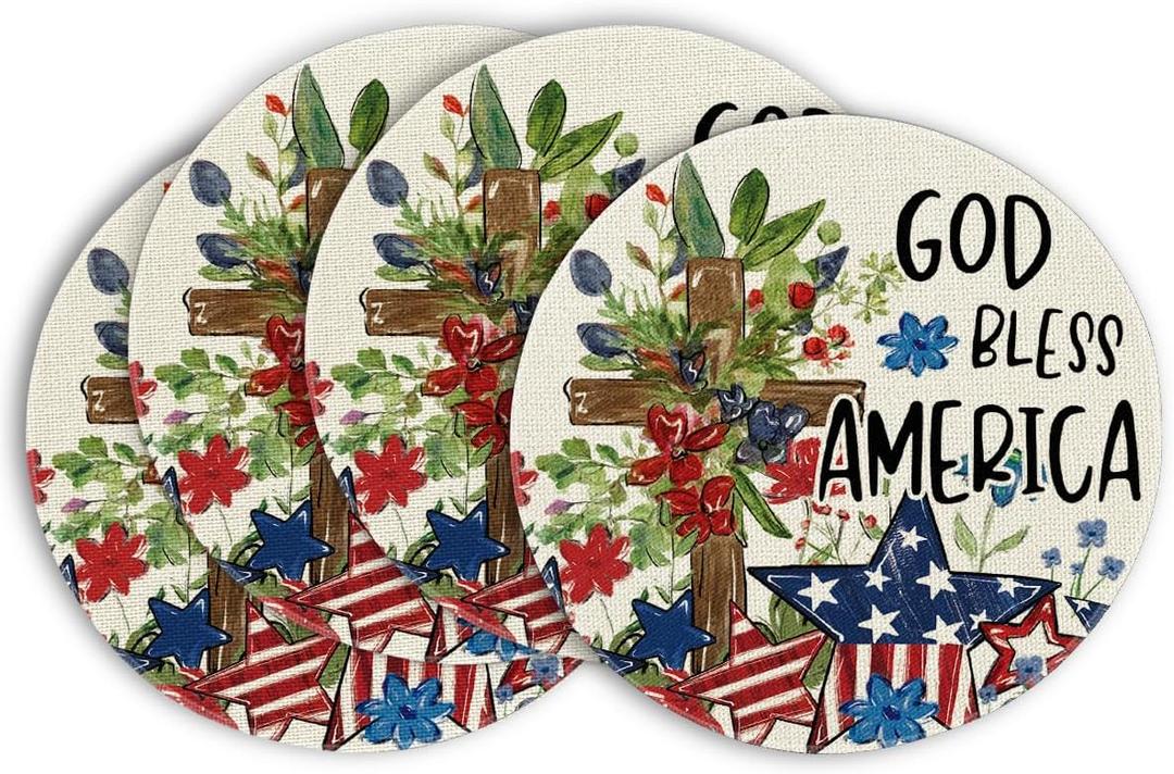 Artoid Mode Stars Stripes Cross 4th of July Round Placemats Set of 4,14 Inch Patriotic Memorial Day Table Mats for Party Kitchen Dining Decoration (Beige)