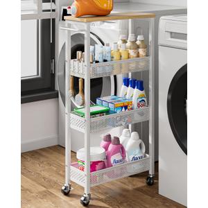 Giwil Slim Rolling Storage Cart 4 Tier Bathroom Organizer Mobile Shelving Unit Utility Cart with Wood Top and Handle for Kitchen Laundry Narrow Places, White