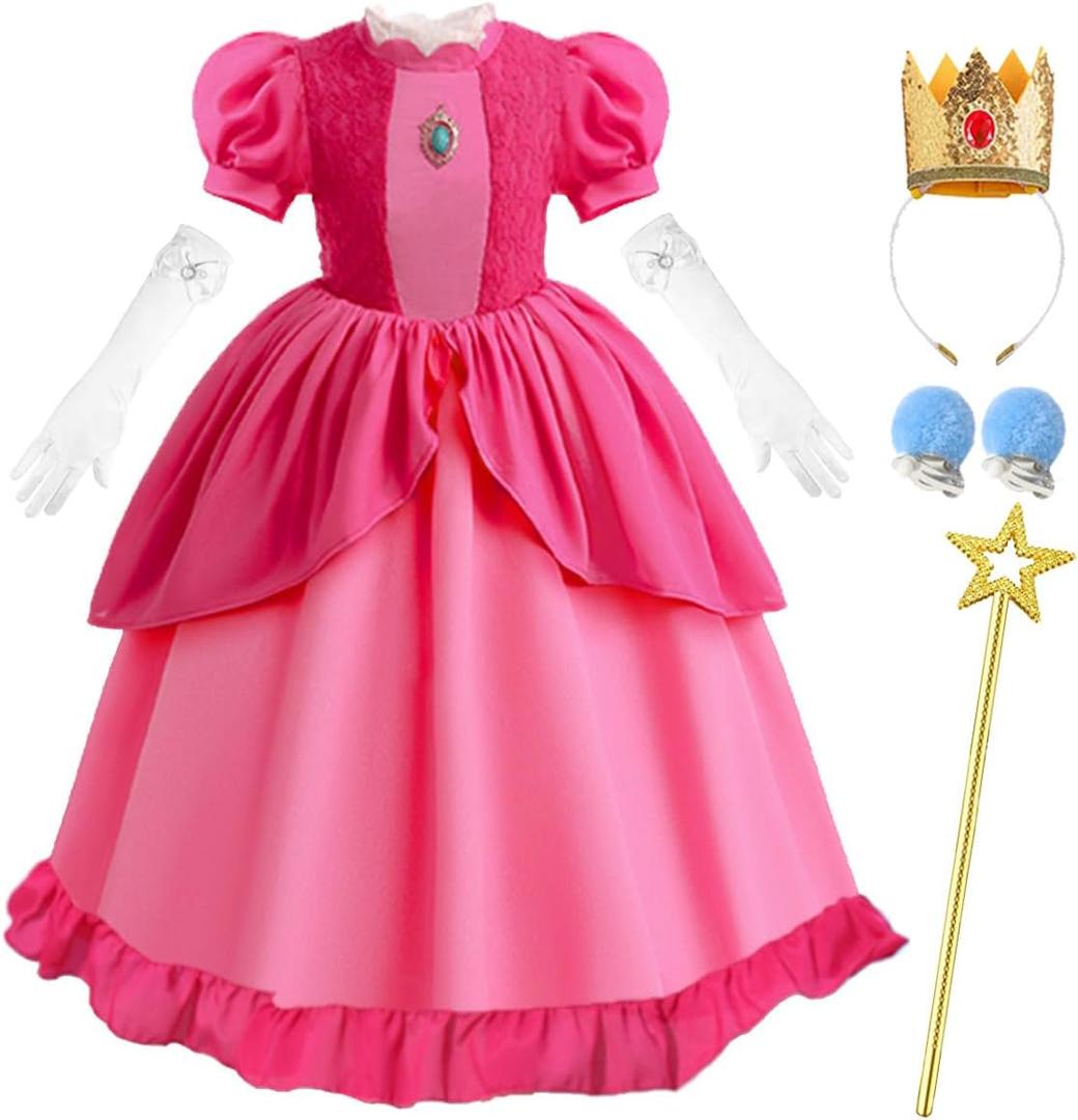 Pink Princess Costume for Girls Kids Toddler Cosplay Dress With Accessories Halloween Birthday Outfits, 5-6, 130