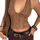 SHENHE Women's Y2k Western Cowgirl Top Deep V Backless Faux Suede Hippie 70s Halter Crop Top (Medium, Brown)