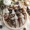 Yunlly 18 Pcs Neutral Christmas Ornaments Textured Christmas Tree Decor with Hanging Loop Modern Brown Hanging Ornaments Finial Shatterproof Decor for Xmas Tree Vintage Rustic Ivory Farmhouse