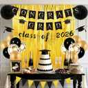 Graduation Decorations 2026, Black Gold Party Decor with Congrats Grad, Class of 2026 Banner Balloons Foil Curtains Backdrop Paper Fans for University College Senior High School Prom Graduate