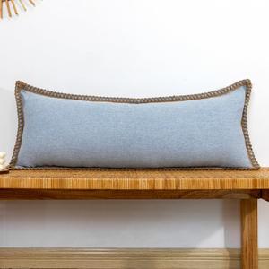 Burlap Linen Lumbar Pillow Cover 14 x 36 inch, Trimmed Tailored Edges Cushion Cover Farmhouse Modern Decorative Pillow Case Outdoor Decor, Light Blue, Pack of 1 (Cover Only)