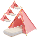 4 Pack Teepee Tent for Kids with Light String and Inflatable Airbed, Slumber Party Tents, Sleepover Tents Party for Girls Boys Indoor Outdoor (Pink)