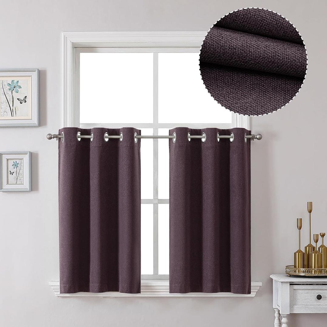 OVZME Full Blackout Curtains 36 Inch Length 2 Packs, Faux Linen Solid Purple Short Curtains Tiers, Privacy Protection & Energy Saving Room Darkening Curtains for Bedroom Living Room, 30Wx36L