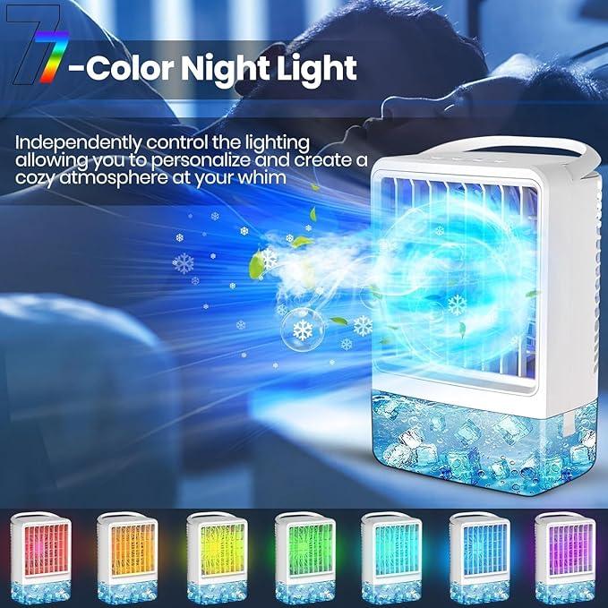Mini Air Conditioner Small Air Conditioner Portable Air Conditioners with 1200ml spray/hour 3 Speed Wind & 7 Colorful LED Light Cool Mist &Timer Evaporative Air Cooler for Bedroom/Home/Office White