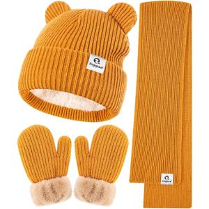 Baby Beanie Mittens Scarf Set,Toddler Infant Kids Winter Hat with Bear Ear Thermal Gloves Neck Warmer Set for Girls Boys (6-36 Months, Camel)