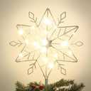 Hogardeck Christmas Tree Topper, 10" Lighted Silver Snow Tree Topper, 20 LED Lights Silver Glitter Powder Snowflake Tree Toppers Christmas Decorations, Battery Powered Timer Xmas Treetop Star Decor