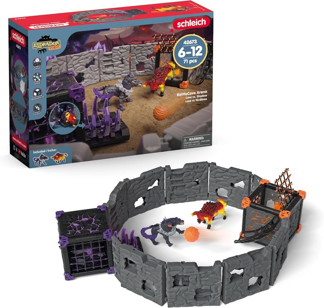 Schleich Eldrador Creatures - 71 PC BattleCave Arena Lava Vs. Shadow Playset - Interactive Lava Bull and Shadow Hound Set - Animal Monster Figurines for Boys and Girls - Toys for Kids Ages 7+ | 42673